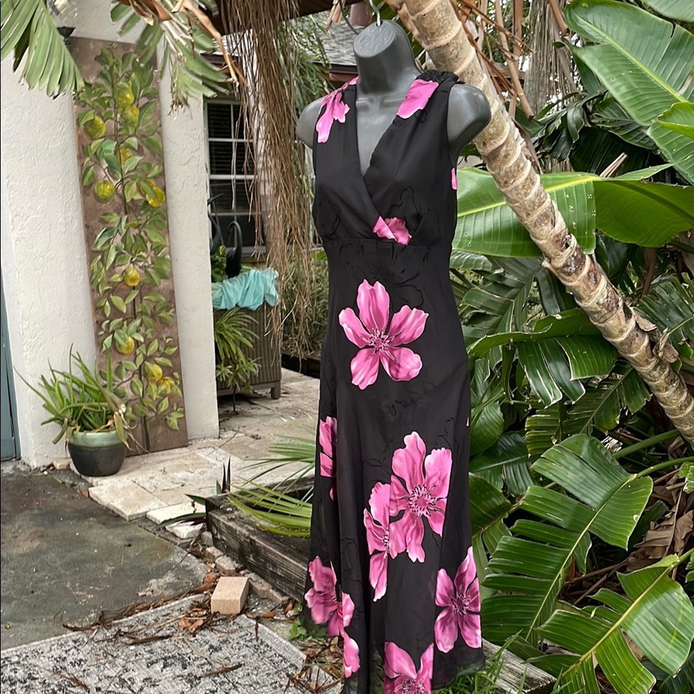 Black and Pink dark floral Asymmetrical Dress